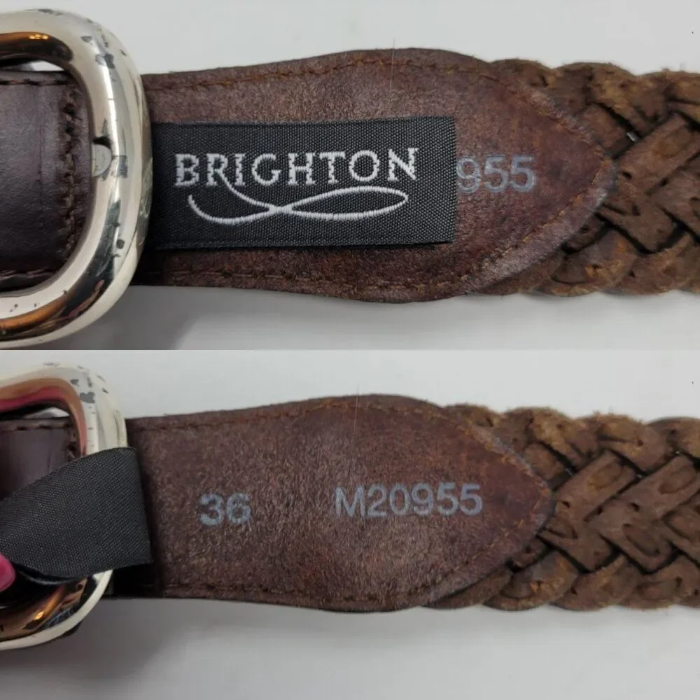 Vtg Brighton Mens Braided‎ Leather Belt 36 Brown Silver Buckle Weaved Country
